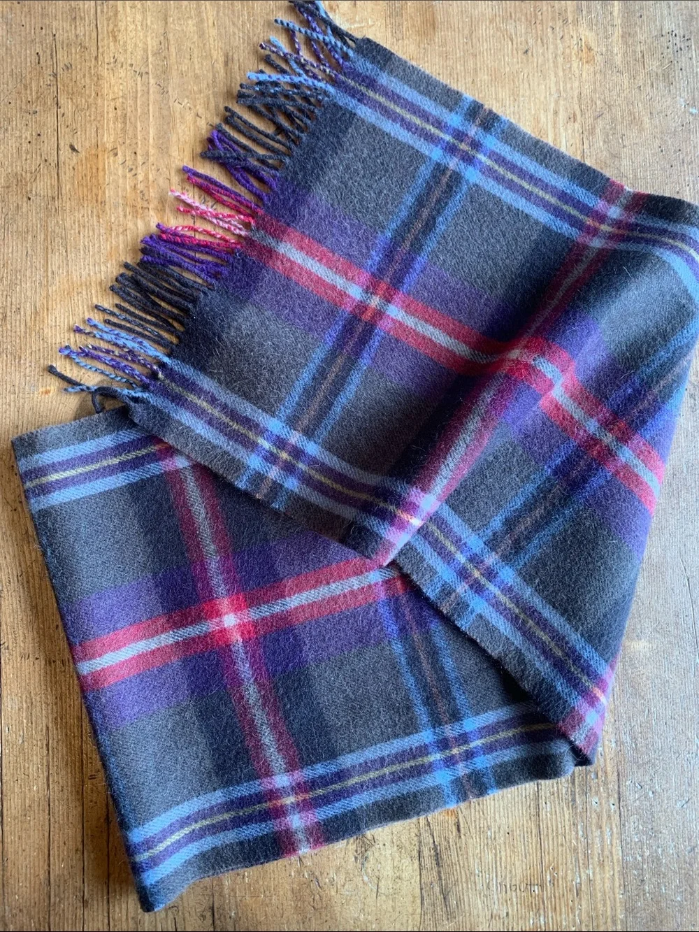 Mountain Horse Wool Blend Plaid Fringe Wool Blend Scarf in Gray, Purple & Red